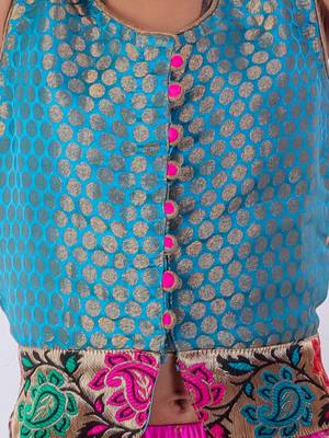 Twisha girls brocade top & foil printed dhoti pants - turquoise & pink 4