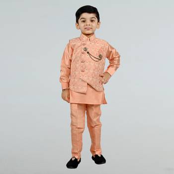 Boys cotton silk diamond embroidered waistcoat with kurta pants set - peach 1