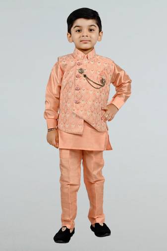 Boys cotton silk diamond embroidered waistcoat with kurta pants set - peach