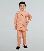 Boys cotton silk diamond embroidered waistcoat with kurta pants set - peach
