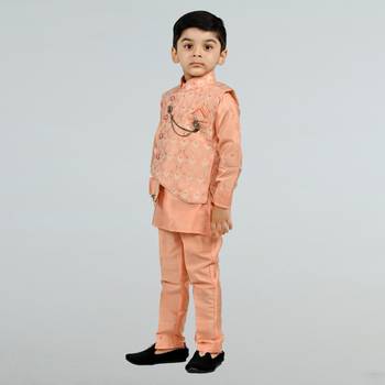 Boys cotton silk diamond embroidered waistcoat with kurta pants set - peach 3