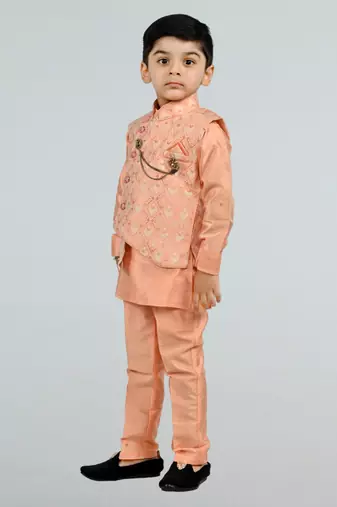 Boys cotton silk diamond embroidered waistcoat with kurta pants set - peach