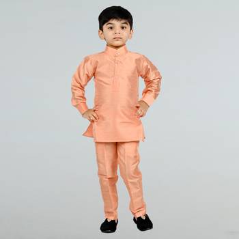 Boys cotton silk diamond embroidered waistcoat with kurta pants set - peach 4