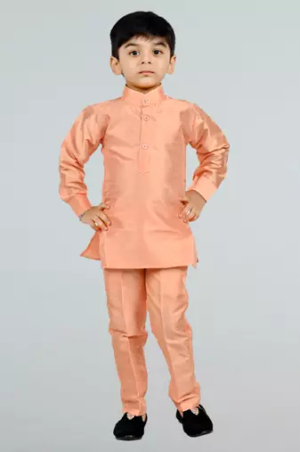 Boys cotton silk diamond embroidered waistcoat with kurta pants set - peach