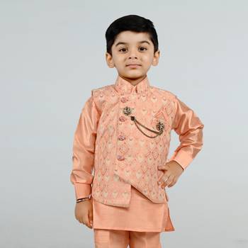 Boys cotton silk diamond embroidered waistcoat with kurta pants set - peach 5