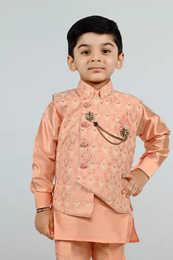 Boys cotton silk diamond embroidered waistcoat with kurta pants set - peach