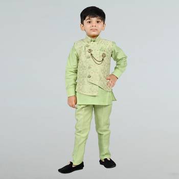 Boys cotton silk diamond embroidered waistcoat with kurta pants set - pista 1