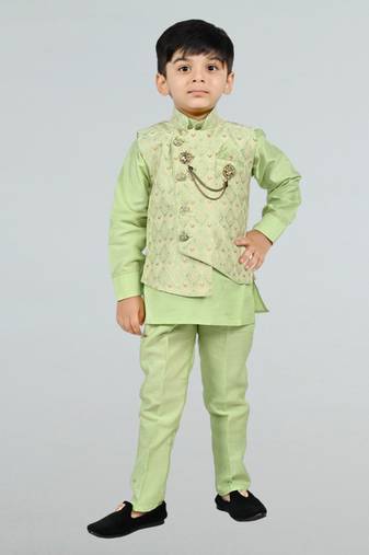 Boys cotton silk diamond embroidered waistcoat with kurta pants set - pista