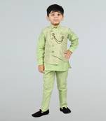 Boys cotton silk diamond embroidered waistcoat with kurta pants set - pista