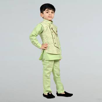 Boys cotton silk diamond embroidered waistcoat with kurta pants set - pista 3