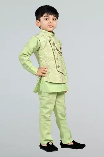 Boys cotton silk diamond embroidered waistcoat with kurta pants set - pista