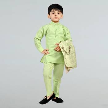 Boys cotton silk diamond embroidered waistcoat with kurta pants set - pista 4