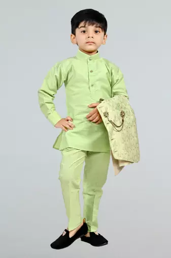 Boys cotton silk diamond embroidered waistcoat with kurta pants set - pista