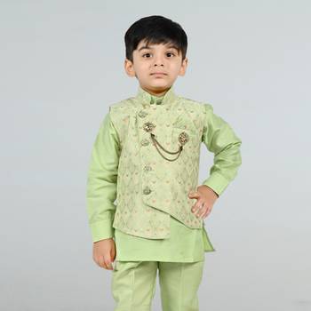 Boys cotton silk diamond embroidered waistcoat with kurta pants set - pista 5