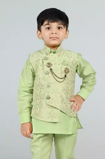 Boys cotton silk diamond embroidered waistcoat with kurta pants set - pista