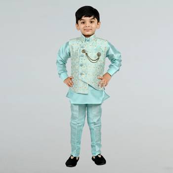 Boys cotton silk diamond embroidered waistcoat with kurta pants set - sky blue 1