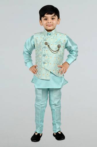 Boys cotton silk diamond embroidered waistcoat with kurta pants set - sky blue