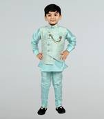 Boys cotton silk diamond embroidered waistcoat with kurta pants set - sky blue
