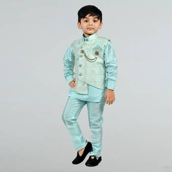 Boys cotton silk diamond embroidered waistcoat with kurta pants set - sky blue 3