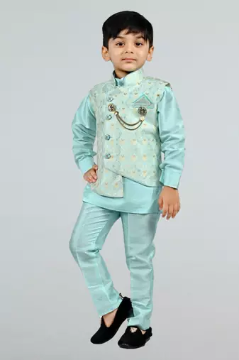 Boys cotton silk diamond embroidered waistcoat with kurta pants set - sky blue