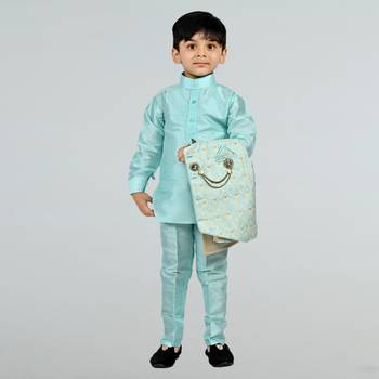 Boys cotton silk diamond embroidered waistcoat with kurta pants set - sky blue 4