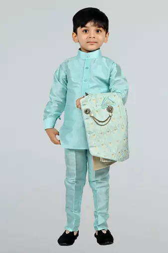 Boys cotton silk diamond embroidered waistcoat with kurta pants set - sky blue