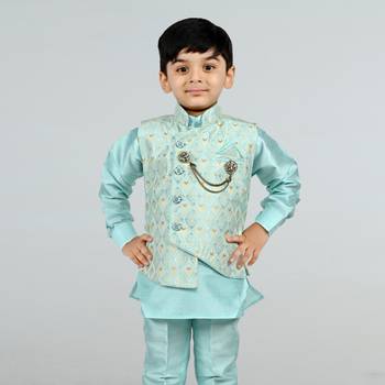 Boys cotton silk diamond embroidered waistcoat with kurta pants set - sky blue 5