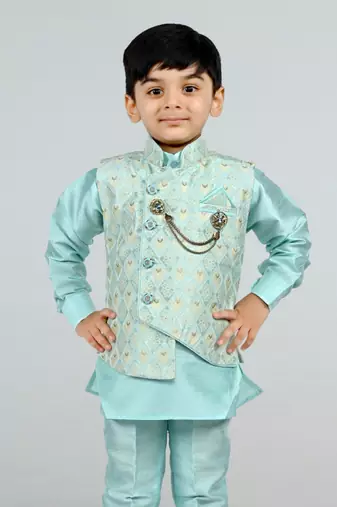 Boys cotton silk diamond embroidered waistcoat with kurta pants set - sky blue