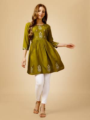 Mahendi embroidered and secquence work reyon stitched round western top 1
