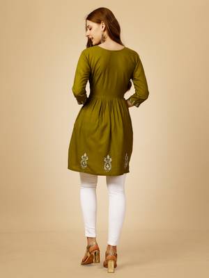 Mahendi embroidered and secquence work reyon stitched round western top 2