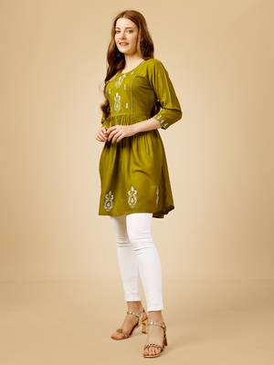 Mahendi embroidered and secquence work reyon stitched round western top 3