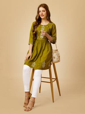 Mahendi embroidered and secquence work reyon stitched round western top 4