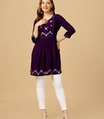 Purple embroidered and secquence work reyon stitched round western top