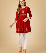 Red embroidered and secquence work reyon stitched round western top