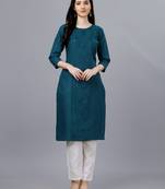 Blue embroidery work cotton magic slub stitched stright kurti