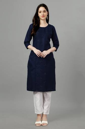 Navy blue embroidery work cotton magic slub stitched stright kurti