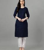 Navy blue embroidery work cotton magic slub stitched stright kurti