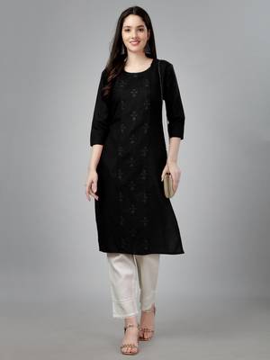 Black embroidery work cotton magic slub stitched stright kurti 1