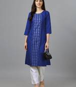 Royal blue embroidery work cotton magic slub stitched stright kurti