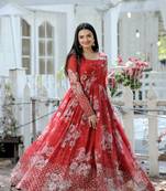 RED Faux Georgette Floral printed READY MADE GOWN 
