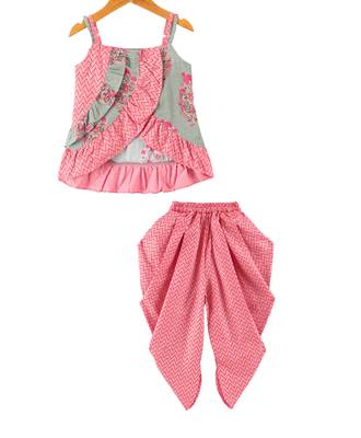Twisha girls cotton printed ruffle details top & dhoti pants set - peach 1