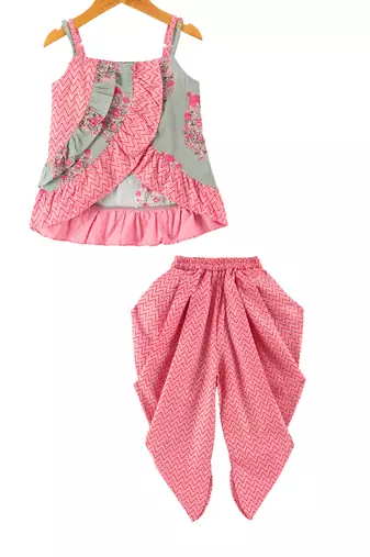 Twisha girls cotton printed ruffle details top & dhoti pants set - peach