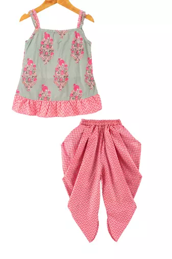 Twisha girls cotton printed ruffle details top & dhoti pants set - peach