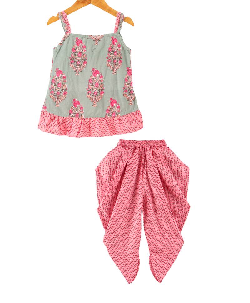 Twisha girls cotton printed ruffle details top & dhoti pants set - peach