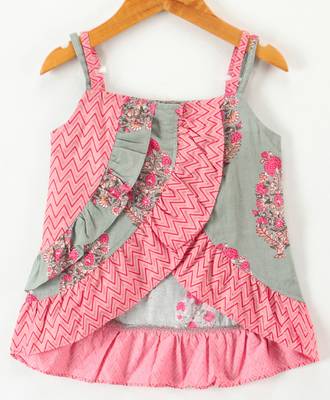Twisha girls cotton printed ruffle details top & dhoti pants set - peach 3