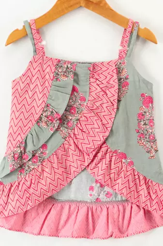 Twisha girls cotton printed ruffle details top & dhoti pants set - peach