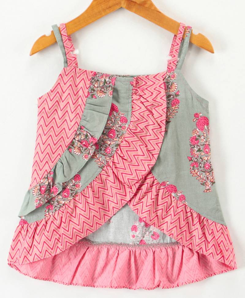 Twisha girls cotton printed ruffle details top & dhoti pants set - peach