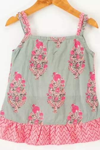 Twisha girls cotton printed ruffle details top & dhoti pants set - peach