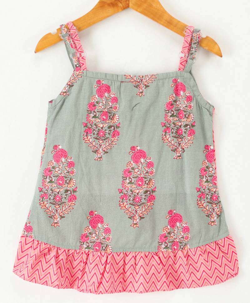 Twisha girls cotton printed ruffle details top & dhoti pants set - peach