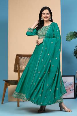  Art Silk Embroidery Salwar Suit Set A line Pleated Kurta Pant with Dupatta 1